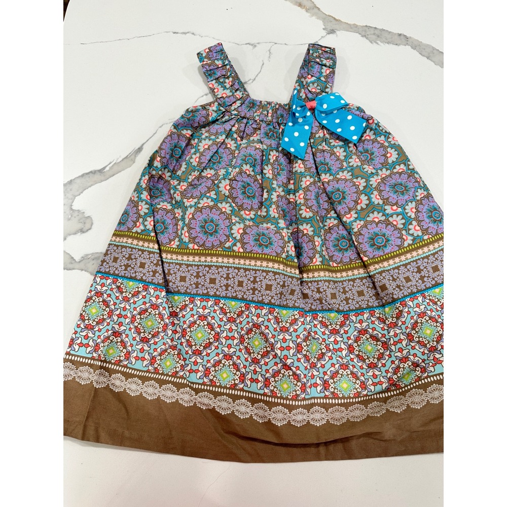 Bonnie Jean Girls Size 5 Boho Floral Geometric Dress Blue Brown Polka Dot Bow